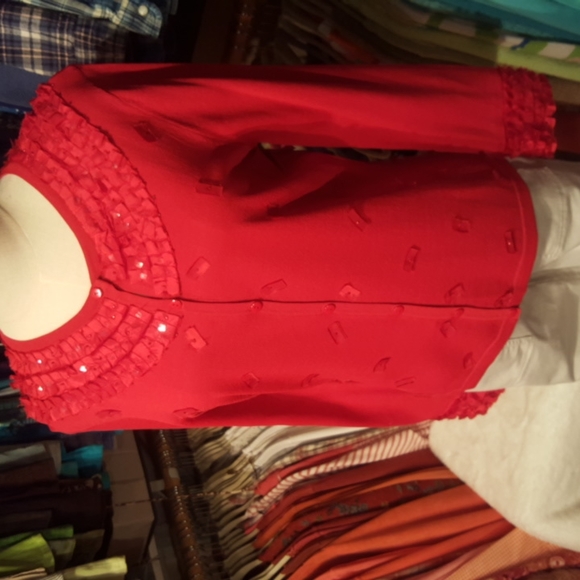 ANN TRINITY ♡ Gorgeous Red Ribbon Sequin Embellished Bling Button Front Blouse M - Picture 4 of 16